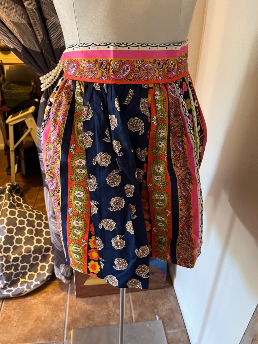 Boho Paisley Print A-Line Skirt - Navy & Pink
